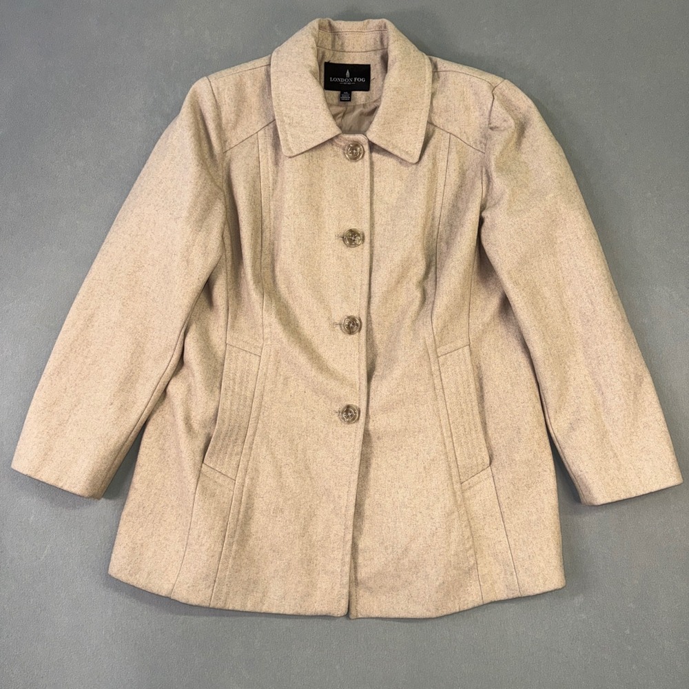 London Fog Womens XL Tan Beige Wool Blend Button Front Pea Coat Jacket